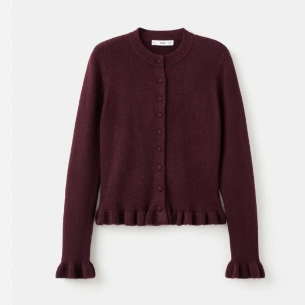 Mango Ruffle Knit Cardigan In Wine M NWT